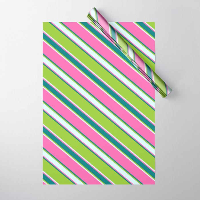 Hot Pink, Teal, Green, and Light Cyan Colored Stripes/Lines Pattern Wrapping Paper
