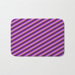 [ Thumbnail: Royal Blue, Hot Pink, Dark Green, and Purple Colored Stripes/Lines Pattern Bath Mat ]