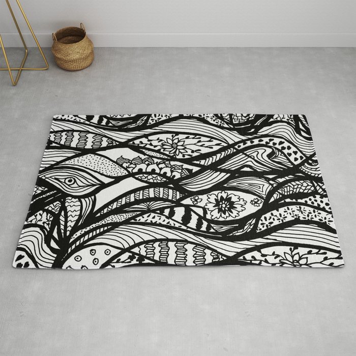 Hand Painted Black White Watercolor Abstract Floral Rug By