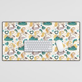 Kicking off some magic // white background white and grey unicorns aqua and mint hearts clouds and rainbows golden lines Desk Mat