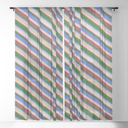 [ Thumbnail: Vibrant Royal Blue, Tan, Light Grey, Brown & Dark Green Colored Striped Pattern Sheer Curtain ]