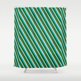 [ Thumbnail: Deep Sky Blue, Dark Green, Dark Olive Green & Tan Colored Pattern of Stripes Shower Curtain ]