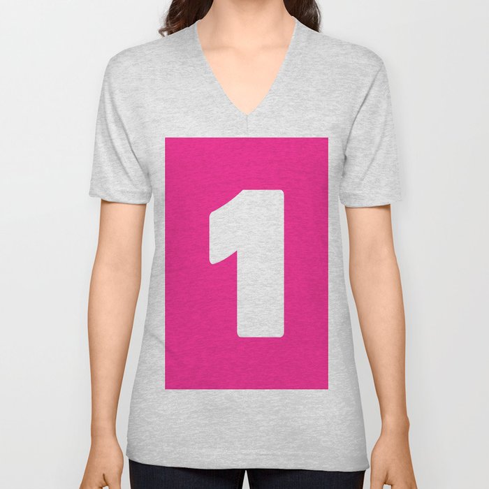 1 (White & Dark Pink Number) V Neck T Shirt