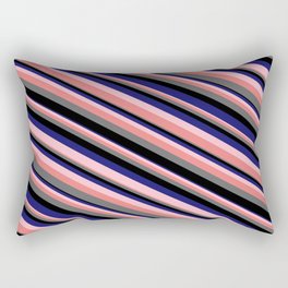 [ Thumbnail: Eye-catching Pink, Light Coral, Dim Grey, Black, and Midnight Blue Colored Stripes Pattern Rectangular Pillow ]