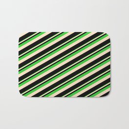 [ Thumbnail: Lime Green, Bisque & Black Colored Lines Pattern Bath Mat ]