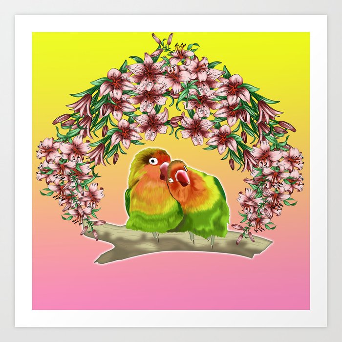Two green parrots on a background of lilies  Art Print