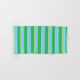 [ Thumbnail: Lime, Light Sky Blue, Yellow, and Sea Green Colored Lines Pattern Hand & Bath Towel ]