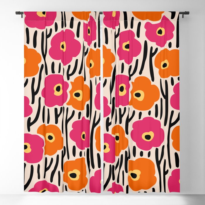 Floral  Pattern Hot Pink and Orange Blackout Curtain