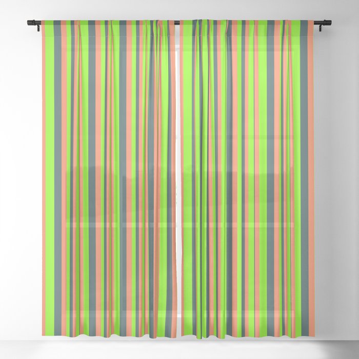 Chartreuse, Coral, and Dark Slate Gray Colored Lines/Stripes Pattern Sheer Curtain