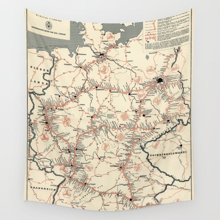 ADAC Autobahn-Karte. 1950 Vintage Map of Autobahn in Germany. Wall Tapestry