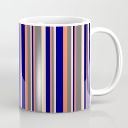 [ Thumbnail: Coral, Dim Gray, Tan & Blue Colored Pattern of Stripes Coffee Mug ]
