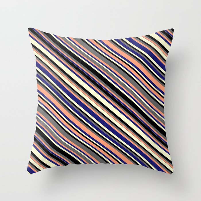Colorful Dim Grey, Light Salmon, Midnight Blue, Light Yellow & Black Colored Lines Pattern Throw Pillow
