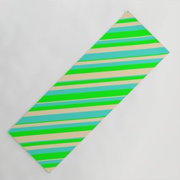 [ Thumbnail: Turquoise, Lime & Tan Colored Lined Pattern Yoga Mat ]