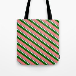 [ Thumbnail: Teal, Beige, Dark Green & Light Coral Colored Lines Pattern Tote Bag ]