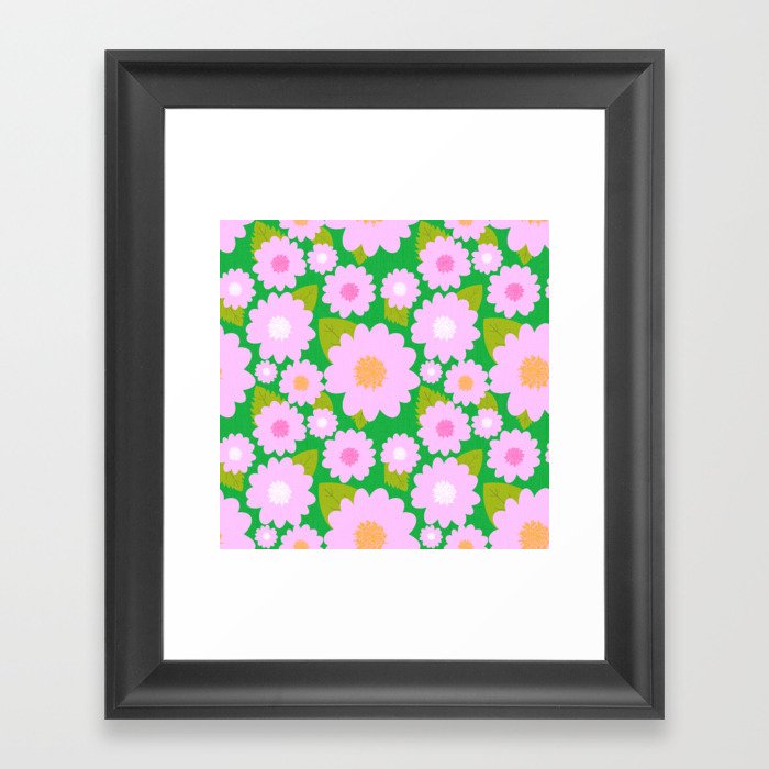 Bright Pretty Pink Summer Flowers On Kelly Green Framed Art Print