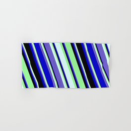 [ Thumbnail: Green, Light Cyan, Slate Blue, Blue, and Black Colored Stripes Pattern Hand & Bath Towel ]