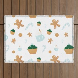 Christmas Atributes - Gingerman, Cupcakes, Christmas Treee and Cups, Winter Holidays Seamless Pattern Outdoor Rug
