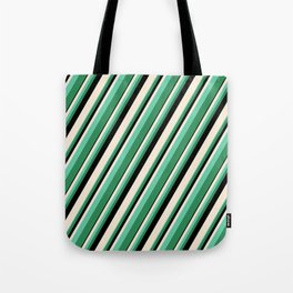 [ Thumbnail: Beige, Aquamarine, Sea Green, and Black Colored Lined/Striped Pattern Tote Bag ]