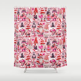 I gnome you more // pastel pink background red and pink Valentine's Day gnomes and motifs Shower Curtain