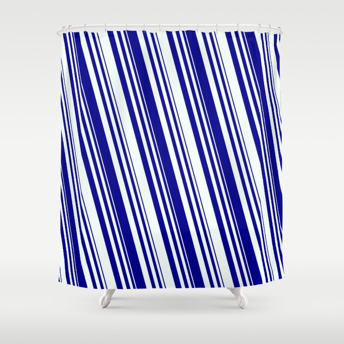 Dark Blue and Mint Cream Colored Striped Pattern Shower Curtain