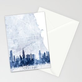Chicago Skyline & Map Watercolor Navy Blue, by Zouzounio Art  Stationery Card