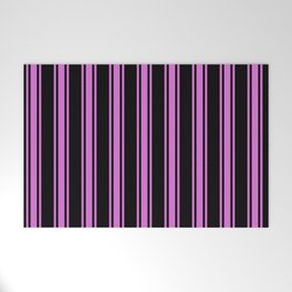 [ Thumbnail: Black and Orchid Colored Pattern of Stripes Welcome Mat ]