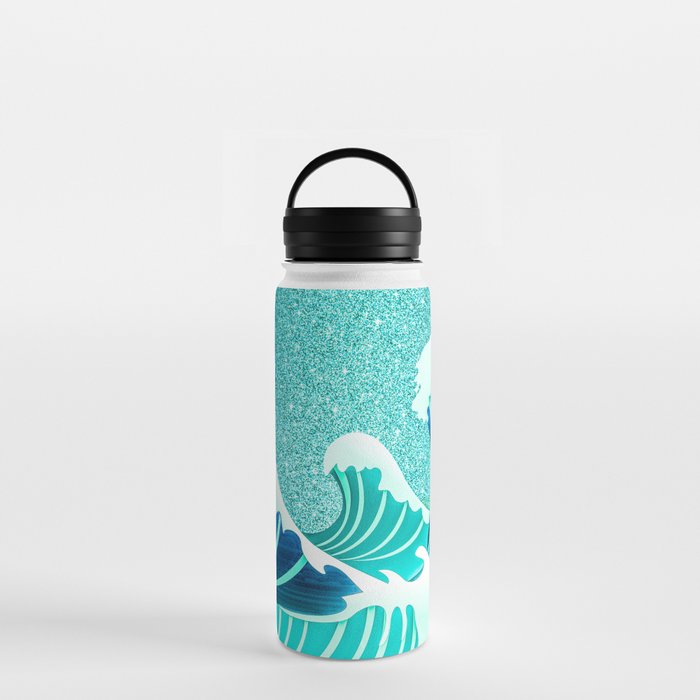 Abstract White Navy Blue Teal Glitter Japanese Waves Water Bottle