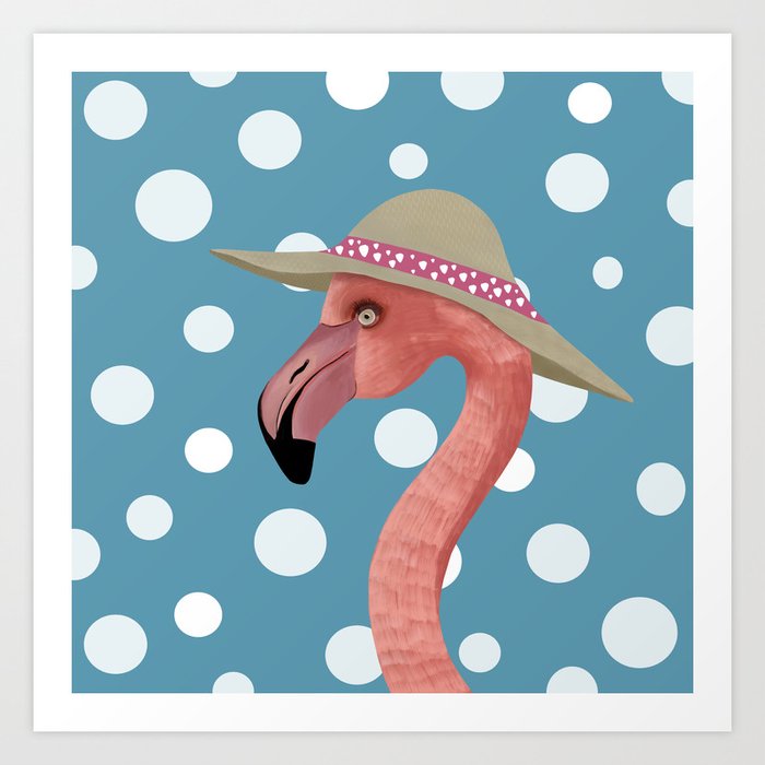 Flamingo - Blue Polka Dots Art Print
