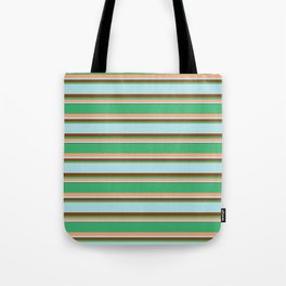 [ Thumbnail: Sea Green, Light Salmon, Powder Blue, and Brown Colored Striped/Lined Pattern Tote Bag ]