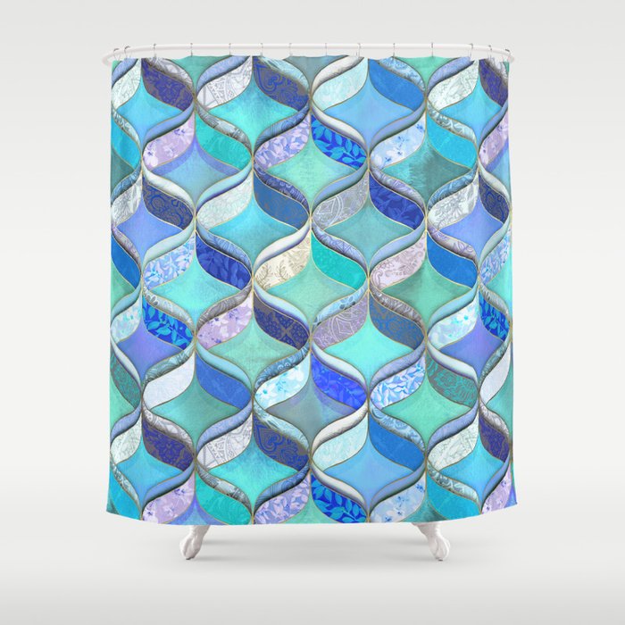 Patchwork Ribbon Ogee Pattern in Blues & Greens Shower Curtain