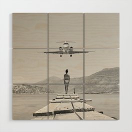 Steady As She Goes; aircraft coming in for an island landing black and white photography- photographs Wood Wall Art