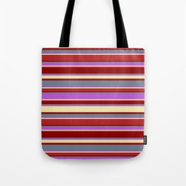 [ Thumbnail: Eyecatching Slate Gray, Orchid, Pale Goldenrod, Red, and Dark Red Colored Lines/Stripes Pattern Tote Bag ]