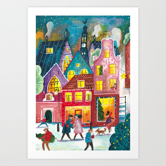 Amsterdam festive city lights in the snow Art Print
