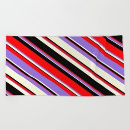 [ Thumbnail: Red, Purple, Beige & Black Colored Pattern of Stripes Beach Towel ]
