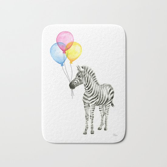 Zebra with Balloons Watercolor Baby Animals Bath Mat