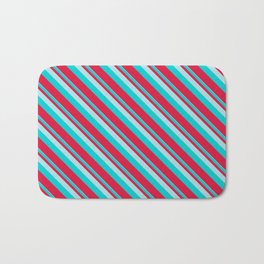 [ Thumbnail: Powder Blue, Dark Turquoise, and Crimson Colored Lined Pattern Bath Mat ]