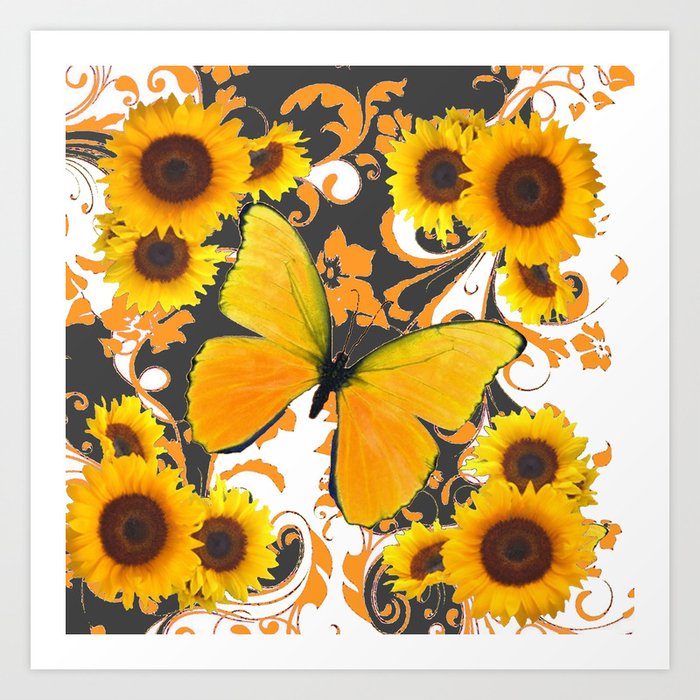 Golden Butterfly Sunflowers Arabesques Art Print By Sharlesart