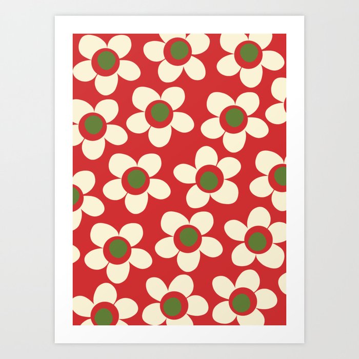 Maisie Flowers Whimsical Christmas Floral Pattern Red Green Cream Art Print