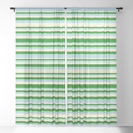 [ Thumbnail: Light Yellow, Green, and Light Blue Colored Lined/Striped Pattern Sheer Curtain ]