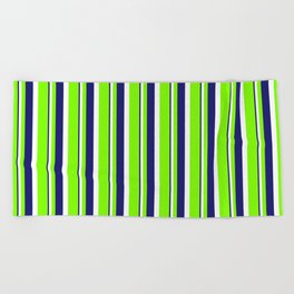 [ Thumbnail: Chartreuse, White & Midnight Blue Colored Stripes Pattern Beach Towel ]