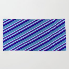 [ Thumbnail: Blue, Light Sky Blue, Purple & Dark Blue Colored Striped/Lined Pattern Beach Towel ]