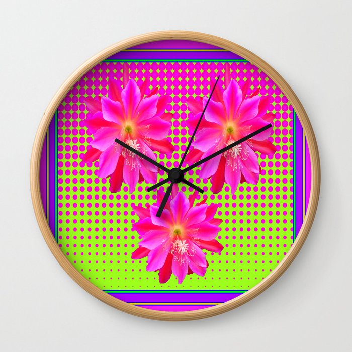 Optical Art Fuchsia, Chartreuse Pink Cactus Flowers Pattern Wall Clock