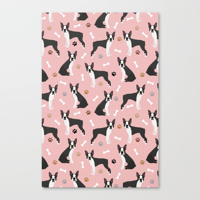 Boston Terrier Dogs Pattern Pink Canvas Print