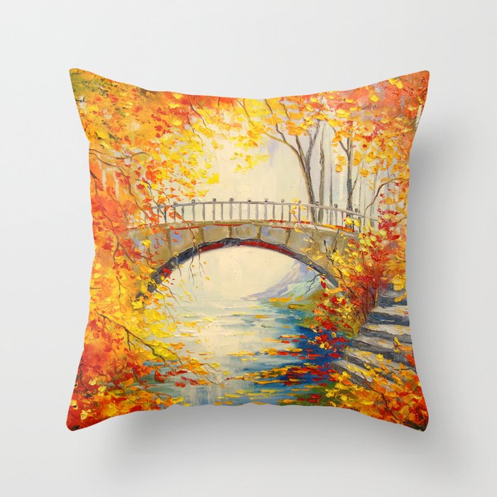Autumn near the bridge Throw Pillow