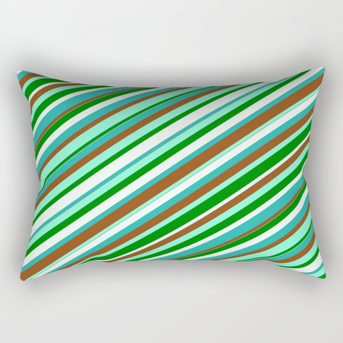 Colorful Light Sea Green, Brown, Aquamarine, Green & Mint Cream Colored Lined/Striped Pattern Rectangular Pillow