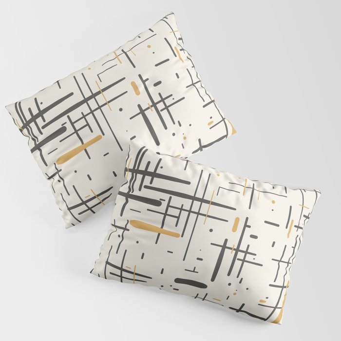Mid-Century Modern Kinetikos Pattern in Charcoal Gray, Muted Mustard Gold, and Cream Pillow Sham