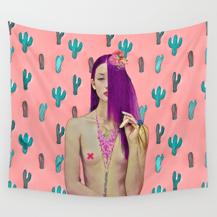 Pink Cactus and beauty model Wall Tapestry
