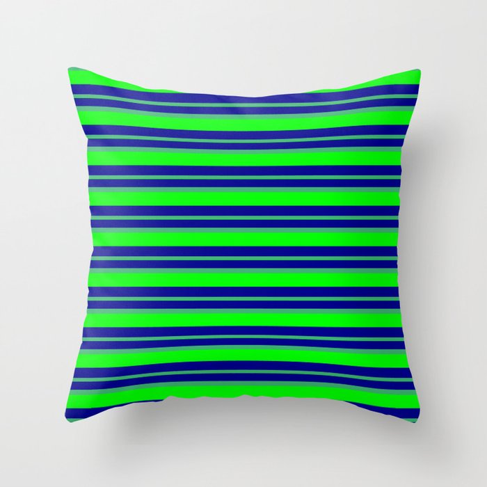 Dark Blue, Sea Green & Lime Colored Lined/Striped Pattern Throw Pillow