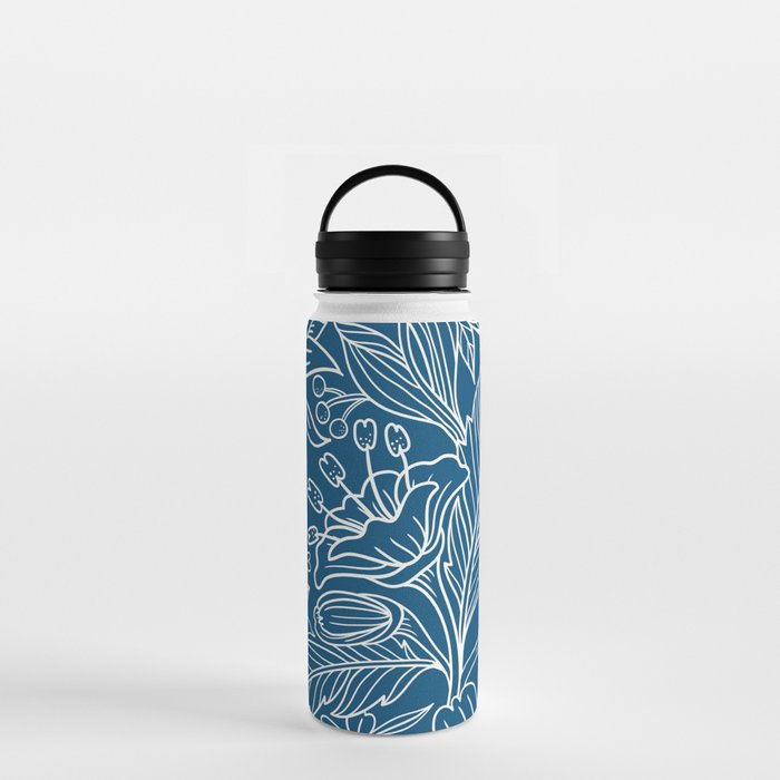 Leaves and flowers pattern on a dark blue background Water Bottle