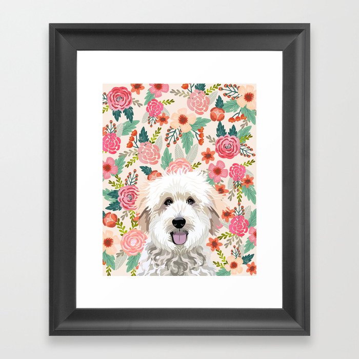 Golden Doodle florals pet portrait art print and dog gifts Framed Art Print